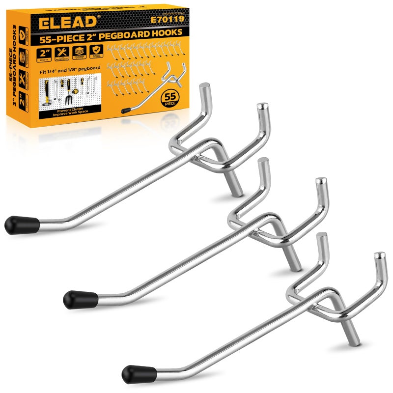 ELEAD خطافات بيجبورد من ELEAD مكونة من 55 قطعة مقاس 2 بوصة، وملحقات منظم لوحة ربط شديدة التحمل، وشماعات أدوات لوحة ربط تناسب 1/4 بوصة و1/8 بوصة أدوات تعليق بيجبورد المرآب وورش العمل وتخزين الحرف اليدوية - Image 1